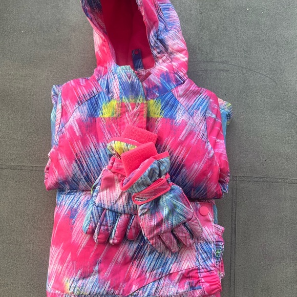 4t girls winter ski set Pink and Blue Patterned Jacket pants and gloves - Picture 2 of 12